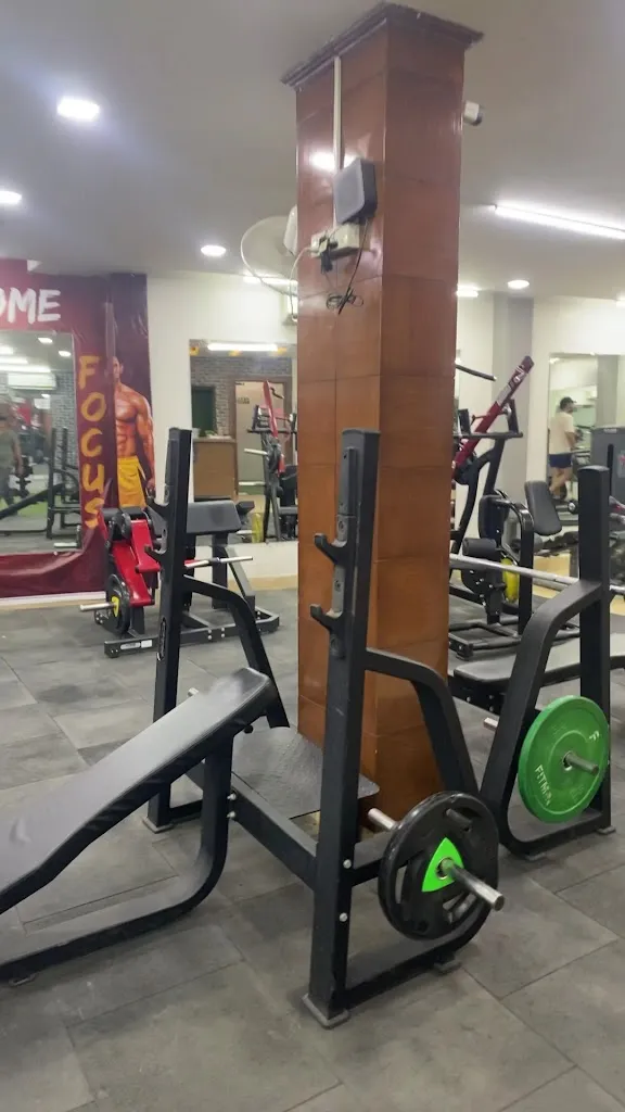 A weight bench and squat rig beside a padded pillar, with weight plates loaded on the bar.